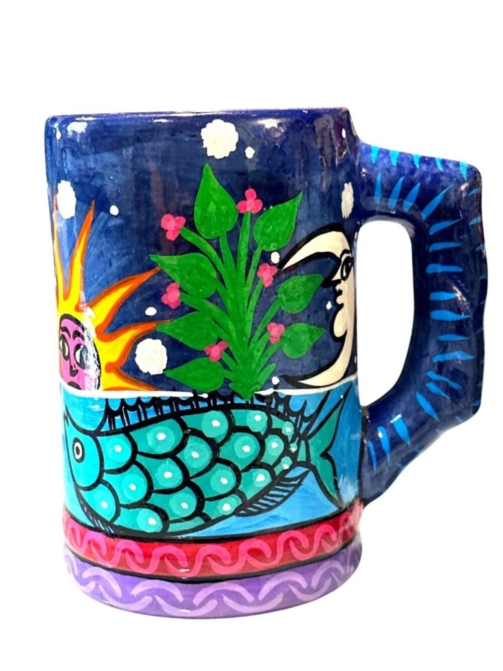 Unique Hand Painted Artisan Fish Bird Mug Folk Art Ceramic Square Handle Collect